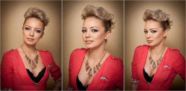 Hairstyle and Makeup, gorgeous female art portrait with beautiful eyes. Elegance. Genuine natural blonde with short hair in studio. Portrait of attractive woman with red blouse and glamorous necklace - Photo, Image