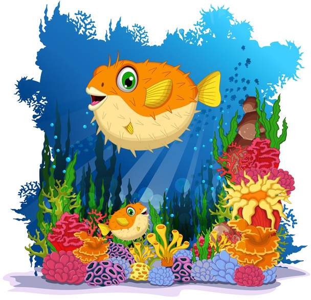 funny puffer fish with sea life background - Vector, Image