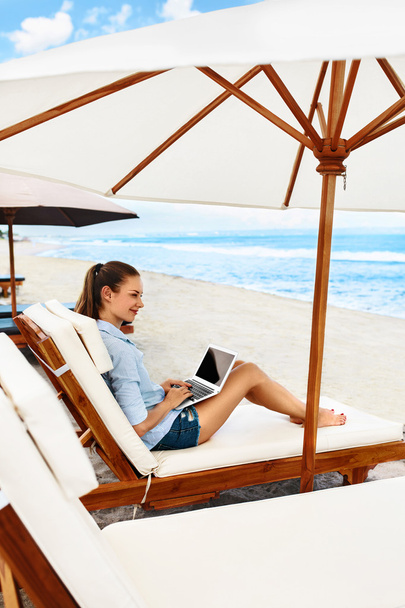 Business Woman Working Online On Beach.  - Photo, Image