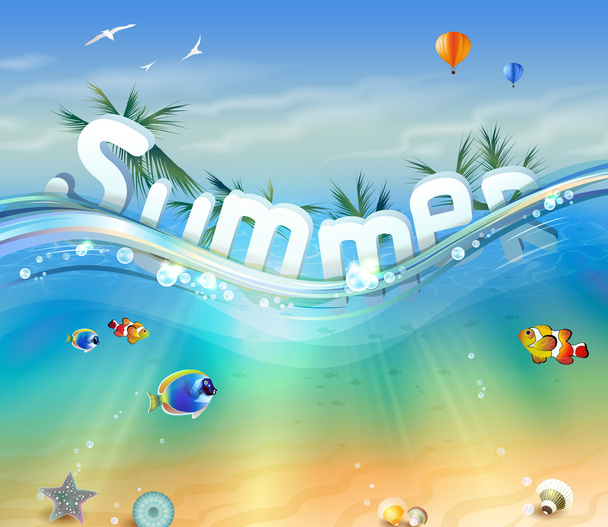 Design of Summer, letters underwater with palm trees, wildlife - Vector, Image