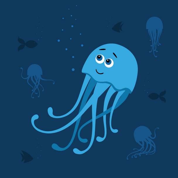 Vector illustration of jellyfishes and fishes - Вектор,изображение