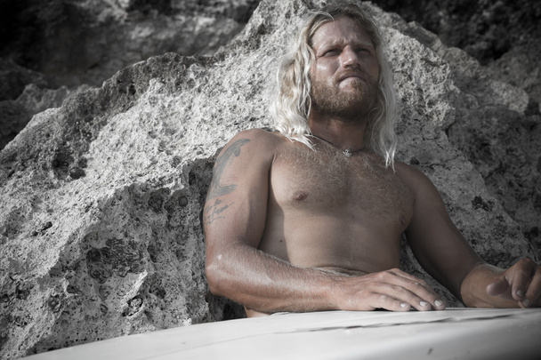 Brutal man surfer with long white hair  - Foto, Imagen