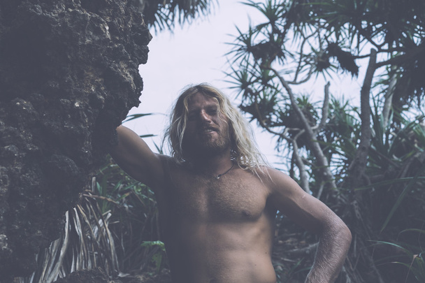 Brutal man surfer with long white hair  - Фото, изображение