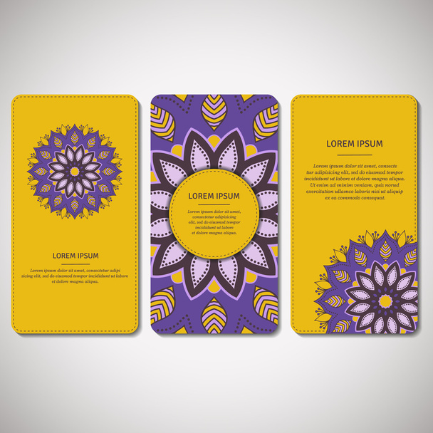Set of ornamental cards, flyers with flower mandala in yellow and violet colors. Vintage decorative elements. Indian, asian, arabic, islamic, ottoman motif. Vector illustration. - Vetor, Imagem