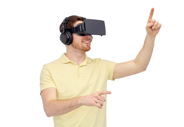 happy man in virtual reality headset or 3d glasses - Фото, изображение