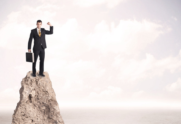 Happy businessman standing on cliff - Zdjęcie, obraz