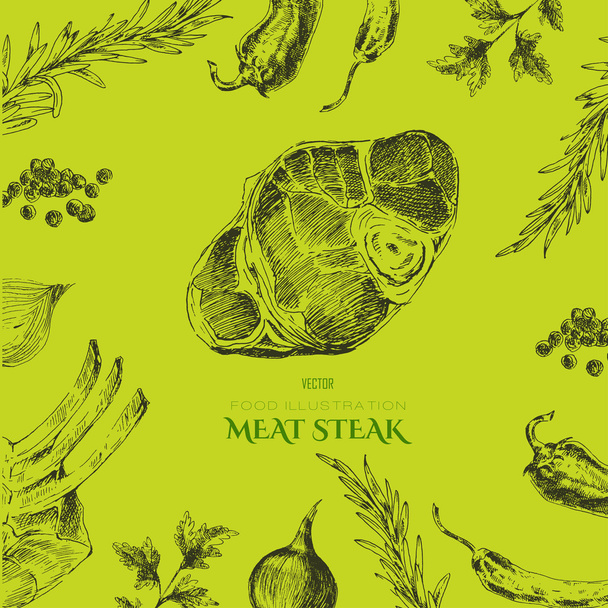 vector carne filete boceto dibujo plantilla de diseñador. alimentos dibujados a mano telón de fondo para la identidad corporativa
 - Vector, Imagen
