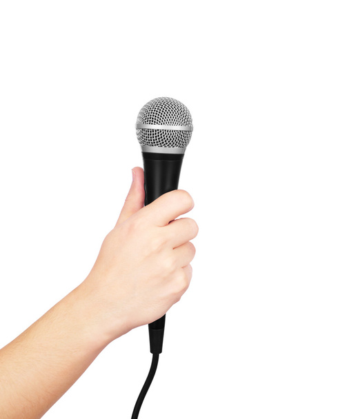 Male hand holding microphone on white background - Fotografie, Obrázek