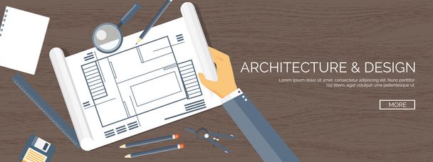 Vector illustration. Flat architectural project. Teamwork. Building, planning. Construction. Pencil. Architecture, design. - Vector, Image