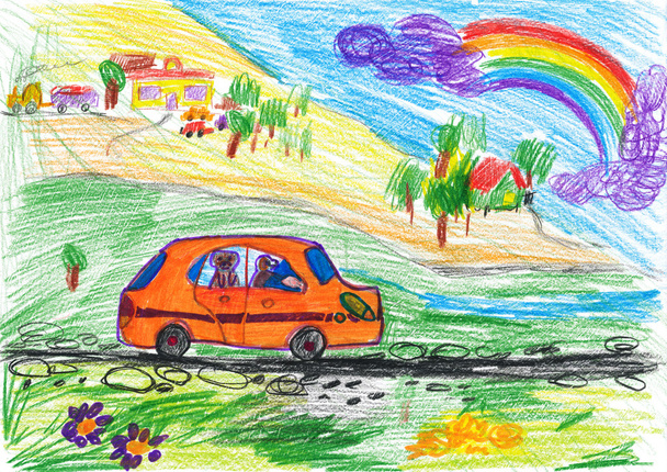 kutya utazás a kocsi, gyerek, rajz - Fotó, kép