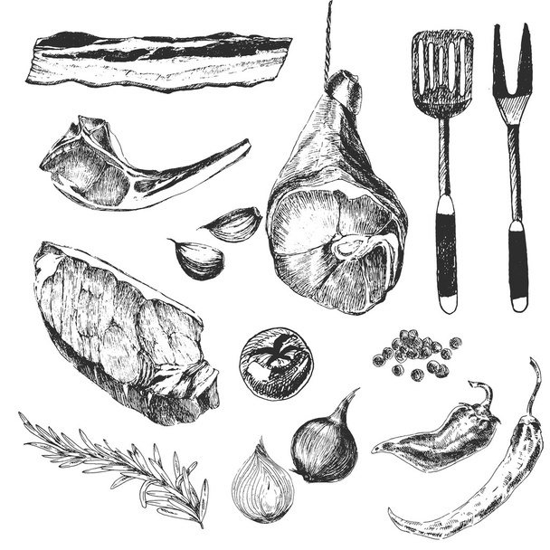 vector meat steak sketch drawing designer template. grilled lamb rib, parma ham, sirloin, bacon - Vetor, Imagem