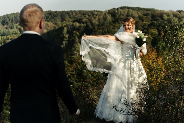 ευτυχισμένη πανέμορφη νύφη και ο γαμπρός κομψό - Φωτογραφία, εικόνα