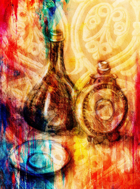 Rajz a lombikot és a kancsó bor papíron. Eredeti kézi rajz és a szín-hatás. - Fotó, kép