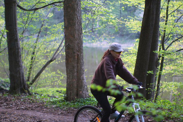 Radfahrer im Frühlingswald - Foto, Bild