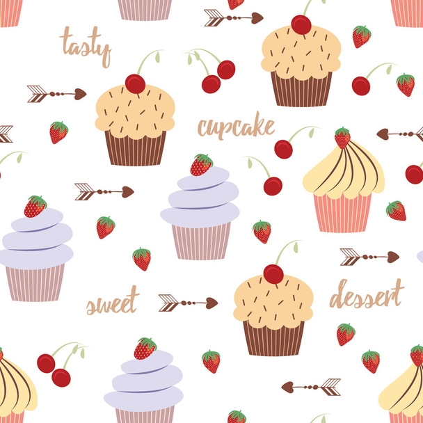 Sweet dessert background with cupcakes. Bakery pattern. - Вектор,изображение