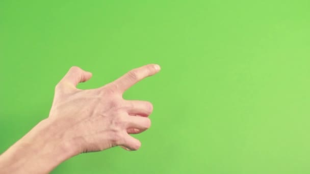 Geïsoleerde menselijke hand op groene achtergrond gebaar maken. Chroma key studio - Video