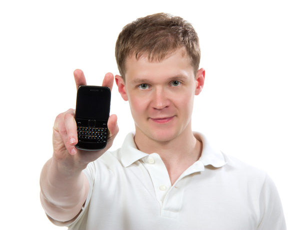Mann zeigt Anzeige seines neuen Touch-Handys - Foto, Bild
