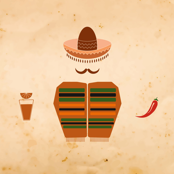 Mexican man in sombrero with tequila and chili pepper - Vector, Image