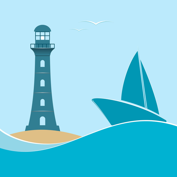 Nautical life.Lighthouse and sailboat on a navy background. Vector illustration. - Wektor, obraz