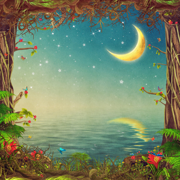 Bela cena bosque com árvores, céu e lua sobre o mar, ilustração arte
  - Foto, Imagem