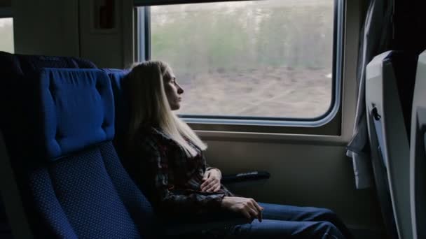 Frau in fahrendem Zug spürt Bauchschmerzen - Filmmaterial, Video