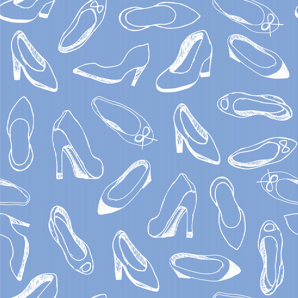 Seamless pattern with women shoes. Fashion background on jeans texture. Vector Illustration - Vektör, Görsel