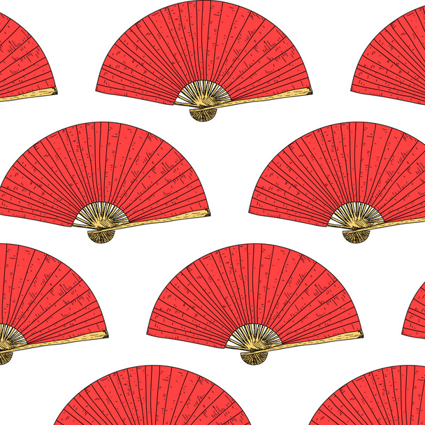 East seamless pattern. Vector hand drawn Japanese fan background - Vector, Image