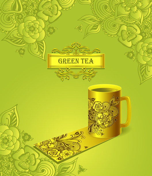 Πρότυπο πακέτο φλιτζάνι τσάι με Zen-doodle λουλούδια πράσινο - Διάνυσμα, εικόνα