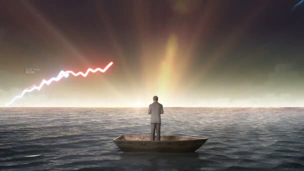 Stijgende verhoging Stock Graph Chart, voorkant van zakenman op een schip, in de Oceaan, zee. - Video