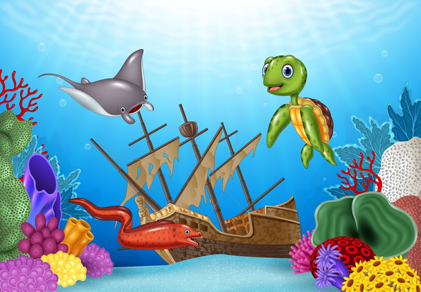 Sea animals with Shipwreck on the ocean - Vector, Image