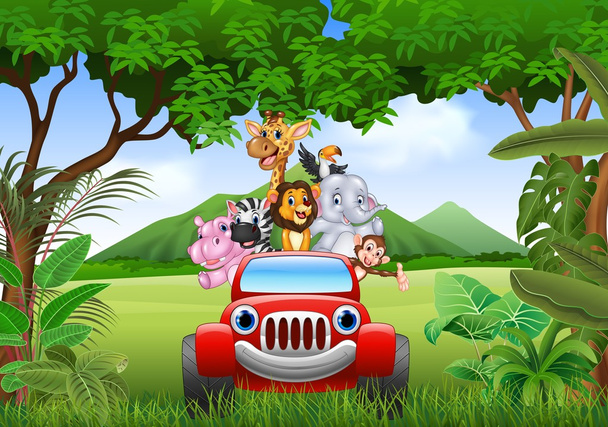 Zwierzęta z kreskówek Afryki w czerwonym samochodzie - Wektor, obraz