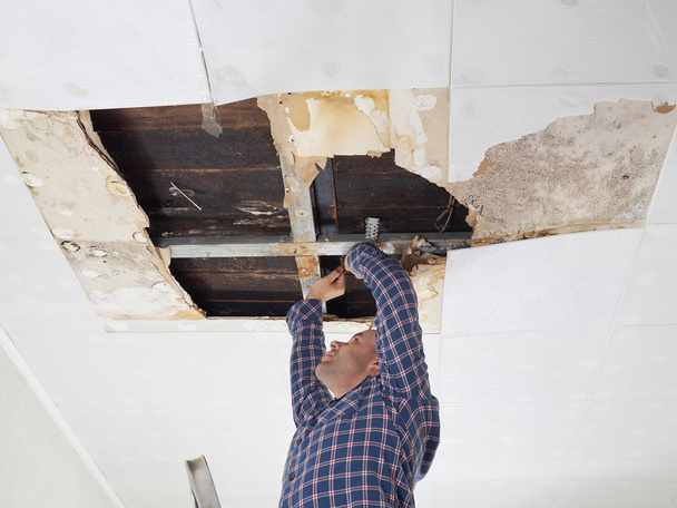 Man repairing collapsed ceiling. - Photo, Image