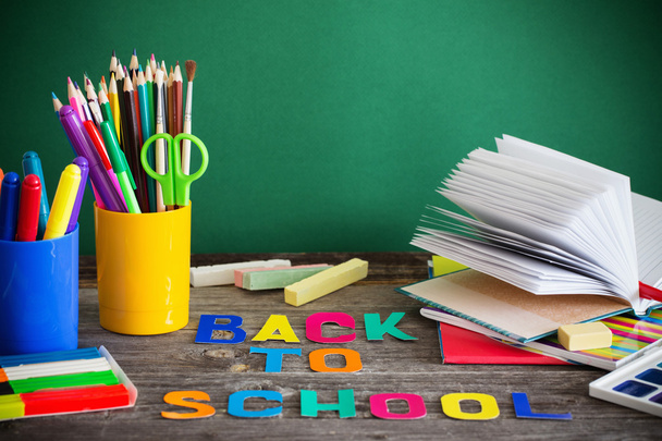 school stationary on wooden table - Photo, image