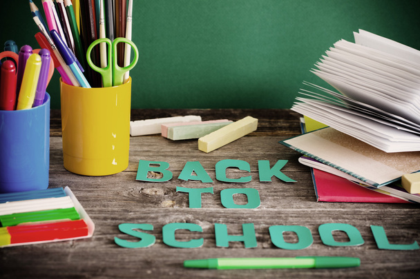 school stationary on wooden table - Photo, image