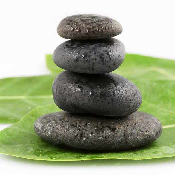 Pedras zen pretas equilibradas em folhas verdes
 - Foto, Imagem