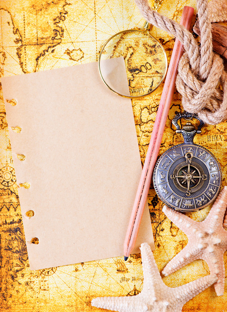 Old notebook, loupe and compass  - Foto, Imagen