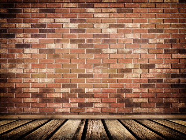 Red brick wall and old wooden floor. - Photo, Image