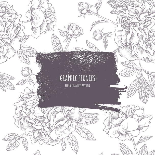 Graphic peonies. Seamless pattern with dark frame. - Vecteur, image