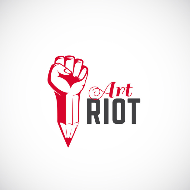 Art Riot Abstract Vector Sign, Symbol, Icon or Logo Template. Red Rebel Fist Mixed with a Pencil Concept. Stylized Revolution Hand. - ベクター画像