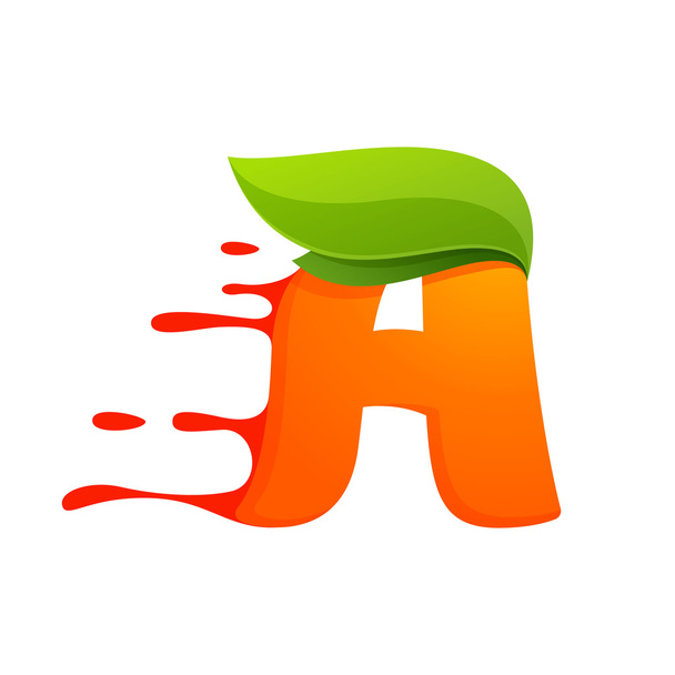 Letter A with orange juice drops and leaves. - Vector, Image