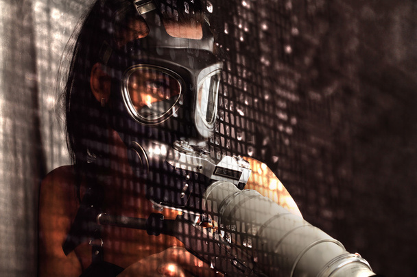 Sexy Woman wearing a Ammo Gas Mask, with fog - Foto, Imagem