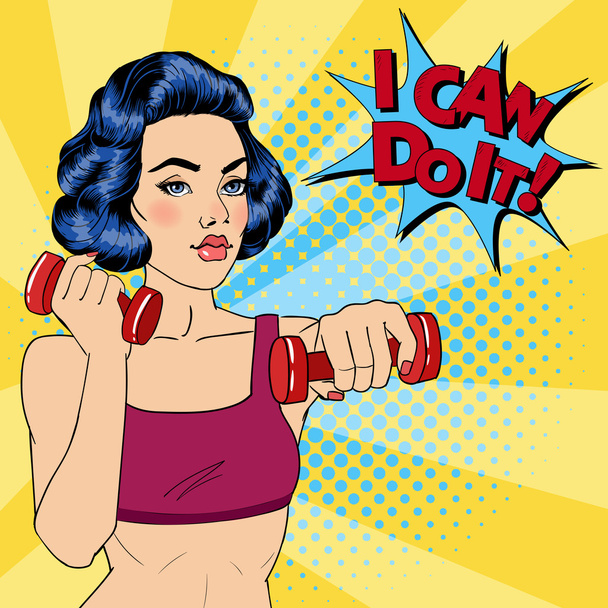 Woman with Dumbbells. Bubble I Can Do It. Fitness Girl. Pop Art. - Vektor, kép