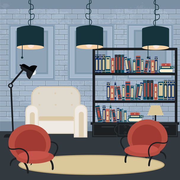 Moderní interiér. Obývací pokoj ve stylu Grunge. Návrh pokoje s nábytkem. Vektorové ilustrace - Vektor, obrázek