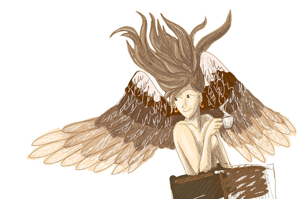 Ангел пьет кофе в кафе - векторная иллюстрация
 - Вектор,изображение