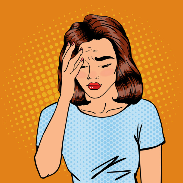Woman has a Headache. Woman Stress. Exhausted Woman. Pop Art Banner - ベクター画像