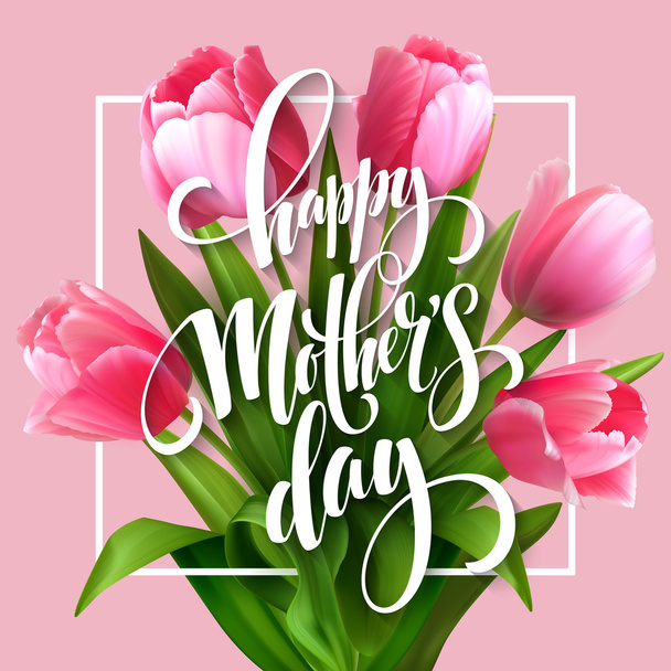 Feliz Día de las Madres. Tarjeta de felicitación del día de las madres con flores de tulipán florecientes. Ilustración vectorial
 - Vector, Imagen