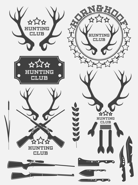 Set of vintage hunting logo, labels and badges. Deer. Horn. Weapon. Vector - Vektor, obrázek