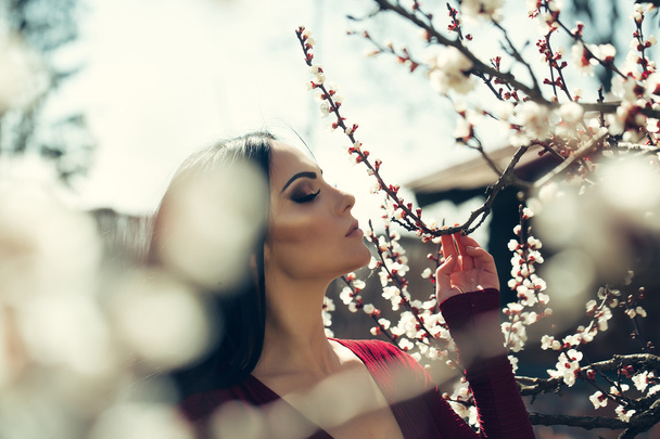 Woman with blooming apricot - Foto, afbeelding