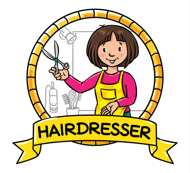Funny hairdresser. Emblem. Profession ABC series - Вектор,изображение