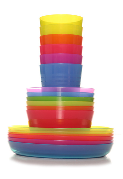 conjunto de seis copos de plástico tigelas e pratos
 - Foto, Imagem